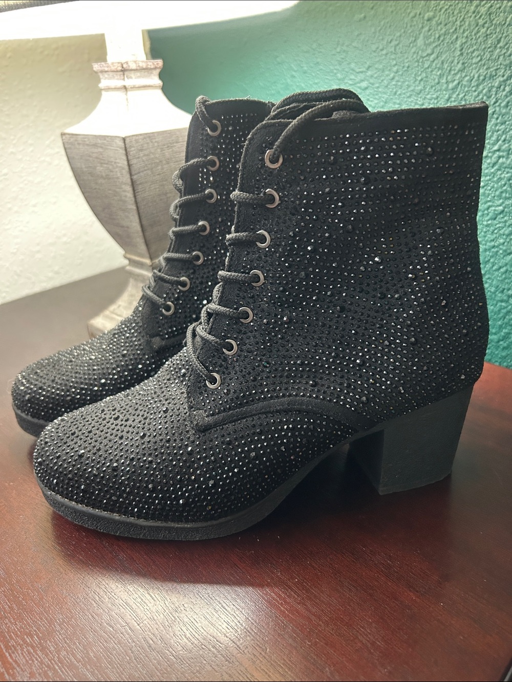 H&M Black Rhinestone Lace-Up Ankle Boots